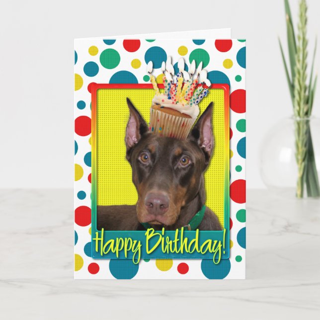 Carte Cupcake d'anniversaire - Doberman - Rouge - Rocky (Devant)
