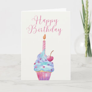 Carte Cupcake illustré à la main avec une seule bougie