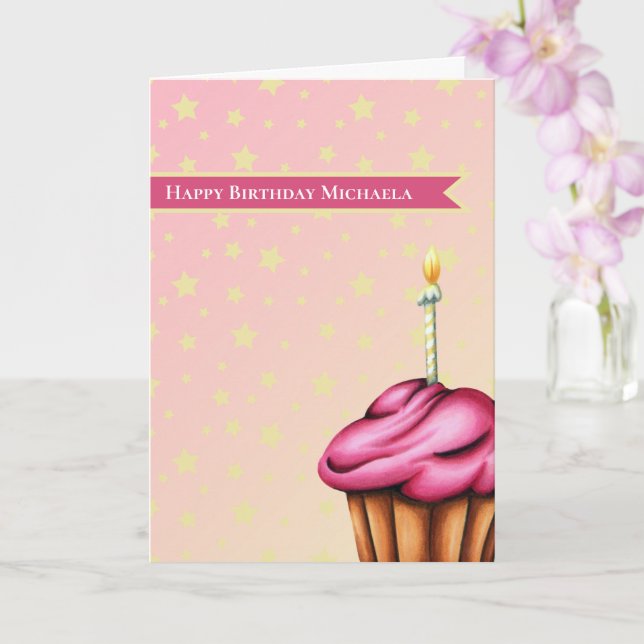 Carte Cupcake rose avec bougie Anniversaire personnalisé (Orchidée)