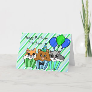 Carte Cupcakes animaux de forêt, Fox, Raccoon et ours