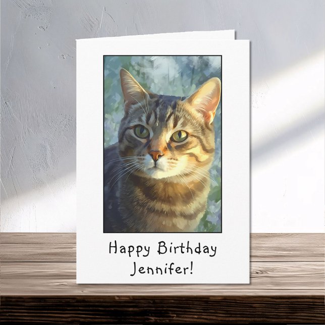 Carte Curieux Tabby Cat Portrait Joyeux Anniversaire Nom (Créateur téléchargé)