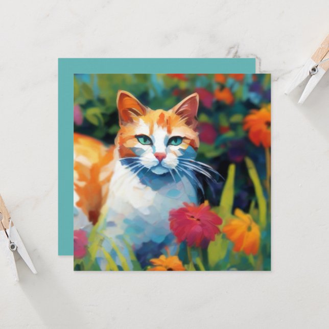 Carte Curious Cat In the Garden Greeting Card (Devant/Arrière en situation)