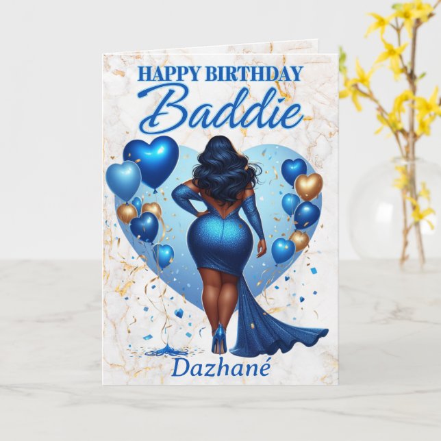 Carte Curvy African American Woman Blue Glam Anniversair (Fleur jaune)