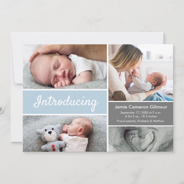 Carte Custom Baby Photo Collage Blue White Modern Script (Devant)