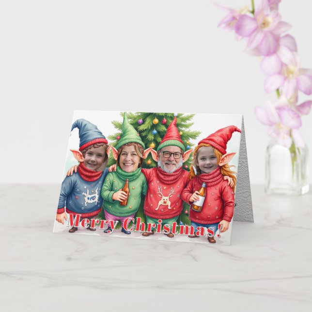 Carte Custom Digital Add Your Face 4 Photo Elves Funny (Orchidée)