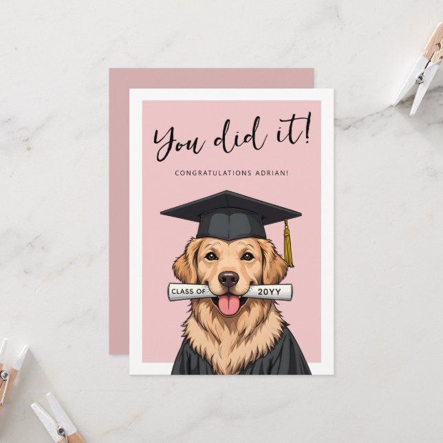 Carte Custom Graduation Cute Golden Retriever (Devant/Arrière en situation)