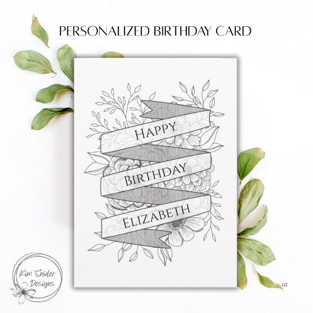 Carte Custom Name Black & White Floral Birthday (Créateur téléchargé)