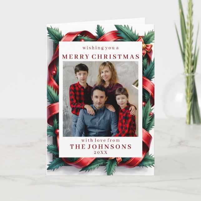 Carte Custom Photo Festive Ribbon Bow Frame Greeting (Devant)