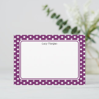 Carte Custom Whimsical Paw Print Polka Dot Purple Note