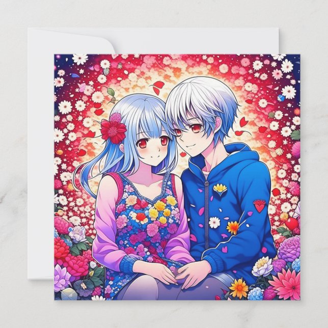 Carte Cute Anime Couple, Fleurs et Coeurs Personnalisé (Devant)