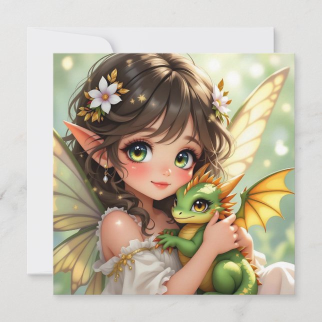 Carte Cute Anime Fairy and Chibi Dragon  (Devant)