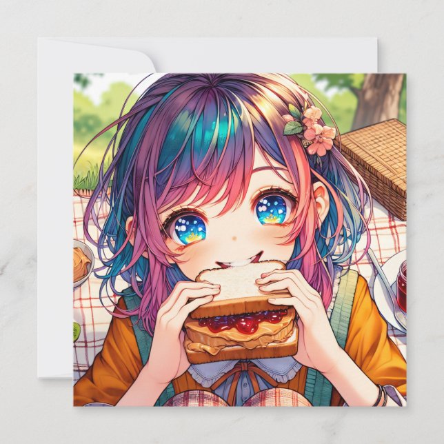 Carte Cute Anime Girl mangeant un beurre d'arachide et g (Devant)