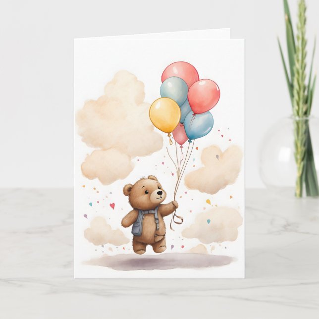 Carte Cute Aquarelle Bear Cub Floating dans l'Air Blank (Devant)