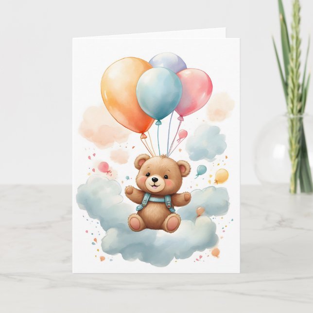 Carte Cute Aquarelle Bear Cub Floating dans l'Air Blank (Devant)