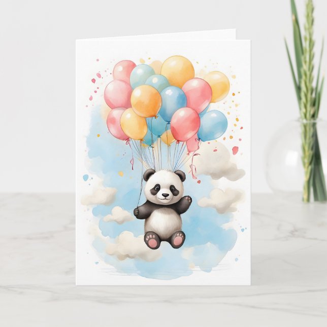Carte Cute Aquarelle Panda Ours Gros Ballons Blancs (Devant)