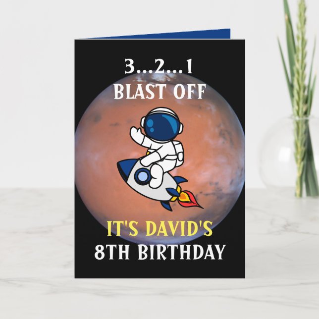 Carte Cute Astronaut Space Rocket Mars Blue 8e anniversa (Devant)