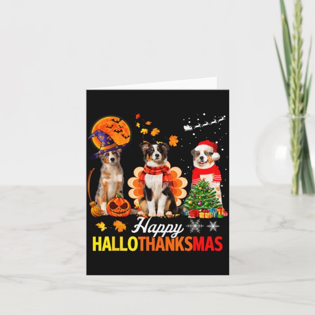 Carte Cute Australian Shepherd Happy Hallothanksmas Xmas (Devant)