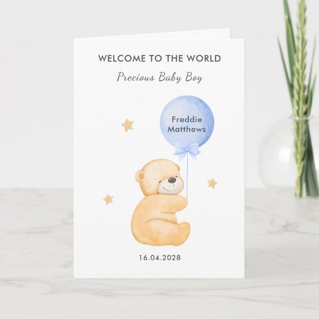 Carte Cute Balloon Bear Welcome Baby Boy Card (Devant)