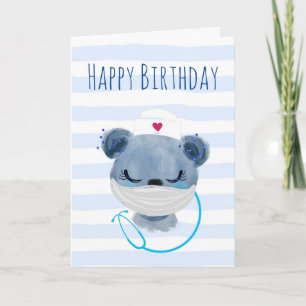 Carte Cute Bear Nurse portant un Masque Joyeux anniversa