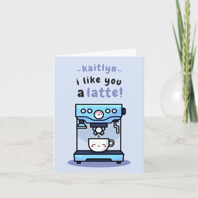 Carte Cute Blue Cartoon Teacup Latte Pun Saint Valentin (Devant)