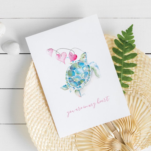 Carte Cute Blue Sea Turtle Hearts Aquarelle (Valentines cards feature watercolor sea turtle and hearts by Victoria Grigaliunas of Do Tell A Belle)