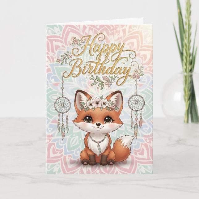 Carte Cute Boho Fox Happy Birthday Card with Dreamcatche (Devant)