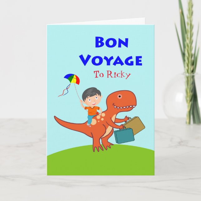 Carte Cute Bon Voyage pour Enfants, Garçon sur Dinosaur (Devant)