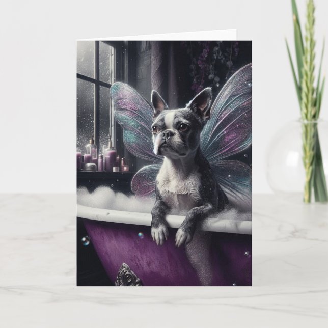 Carte Cute Boston Terrier Fairy dans une baignoire viole (Devant)
