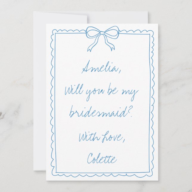 Carte Cute Bow Blue manuscrite Chic Bridesmaid Propositi (Devant)