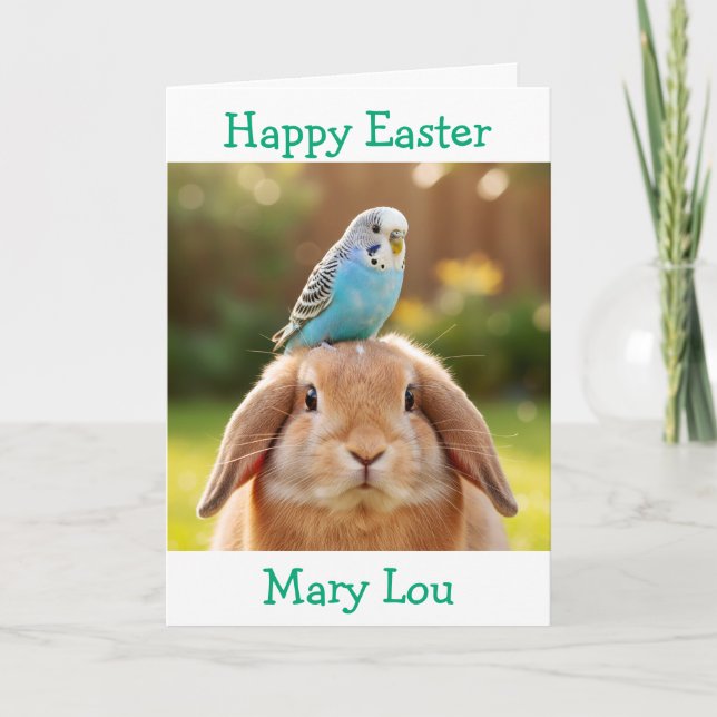 Carte Cute Bunny and Blue Budge Personalized Easter (Devant)