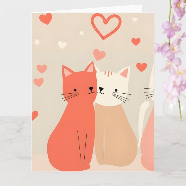 Carte Cute Cats Love Valentine Hearts Pattern Coral Pink (Orchidée)
