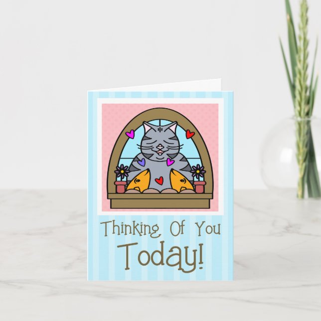 Carte Cute Chat Dans La Fenêtre Avec Poisson Pensant De  (Devant)