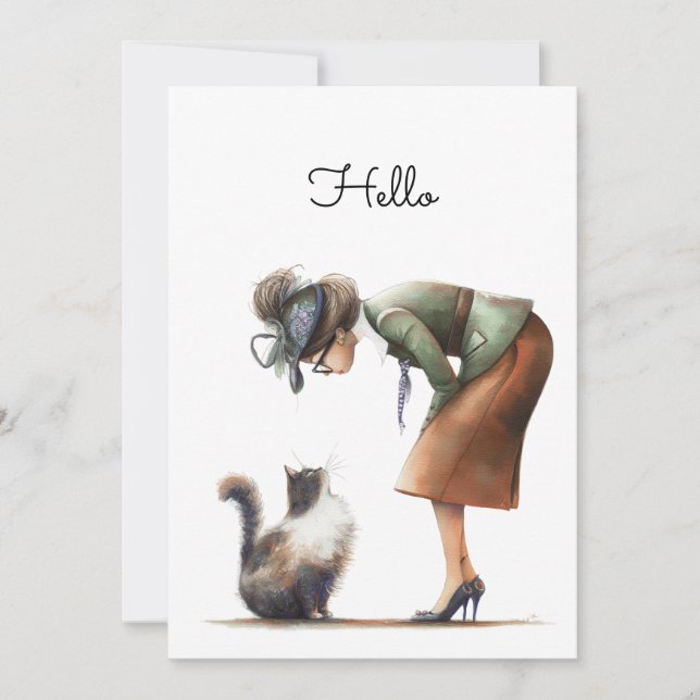 Carte Cute Chat et Lady Whimsical Hello plat (Devant)