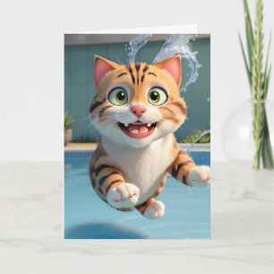 Carte Cute Chat Flying Piscine Plongée Funny Blank