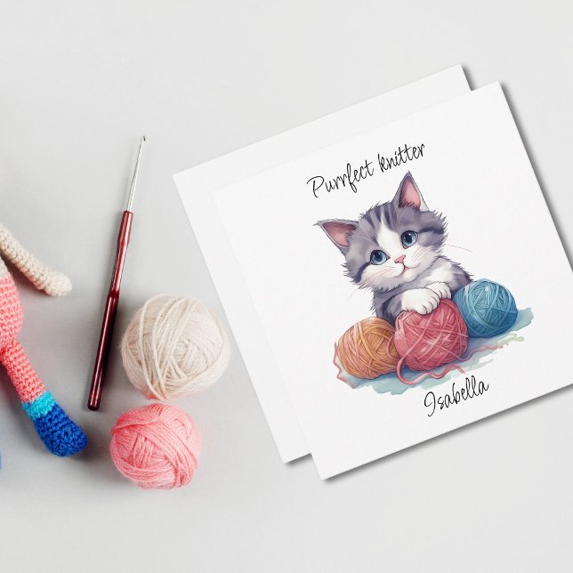 Carte Cute chaton aquarelle avec fils Nom personnalisé C (Créateur téléchargé)