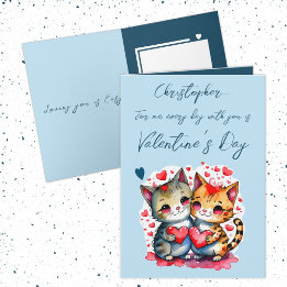 Carte Cute chats nom personnalisé bleu Saint Valentin