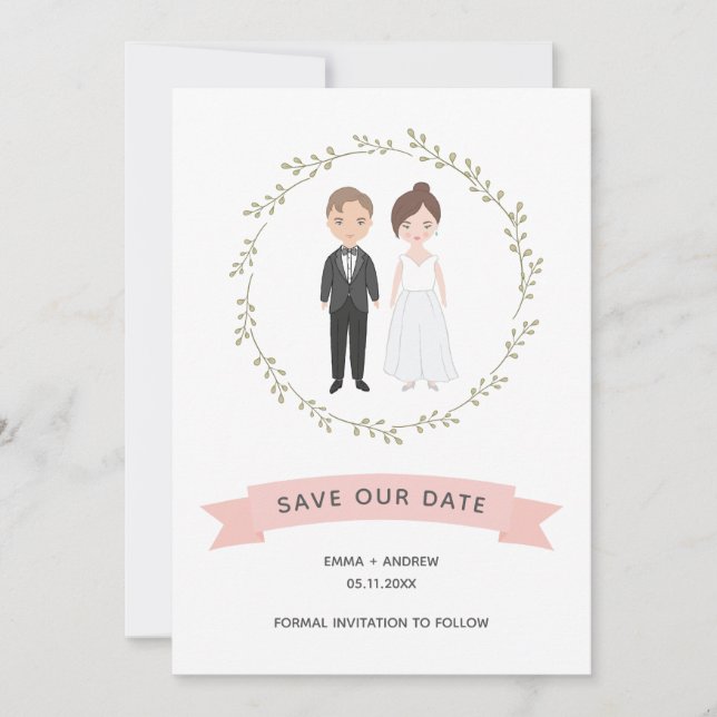 Carte Cute Couple Portrait Moderne Wreath Enregistrer la (Devant)