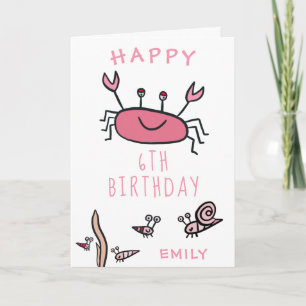 Carte Cute Crabe Rose Animaux de mer Fille Joyeux Annive