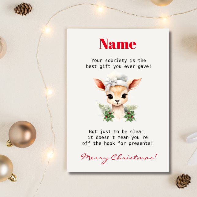 Carte Cute Deer Nom personnalisé Sober Support Noël (Personalize sober support christmas card, cute deer, pastel colors, cozy winter, custom name)