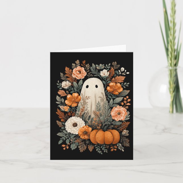 Carte Cute Fantôme Et Automne Citrouille Floral Hallowee (Devant)