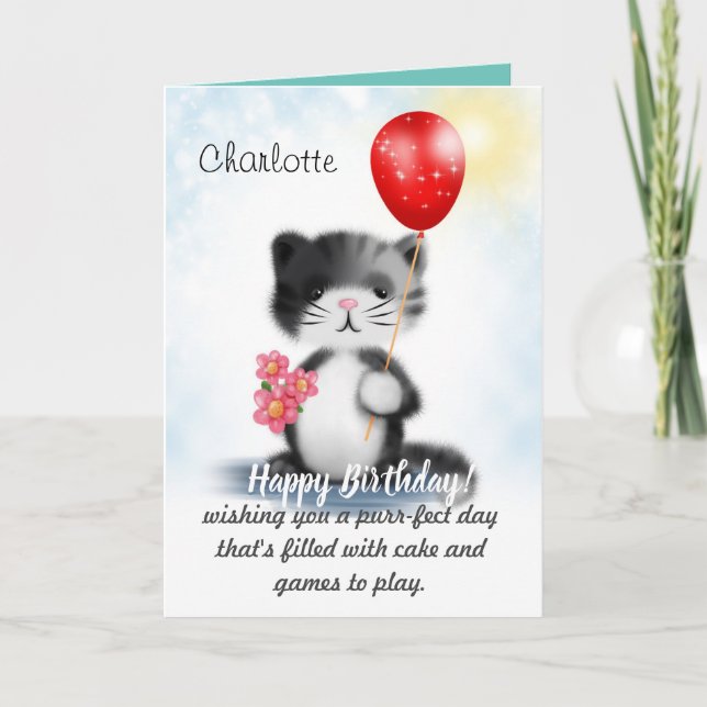Carte Cute Fluffy Kitten Art Joyeux Poème d'anniversaire (Devant)