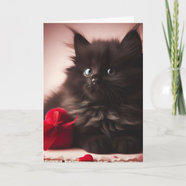 Carte Cute Fluffy Noir Valentine Kitten (Devant)