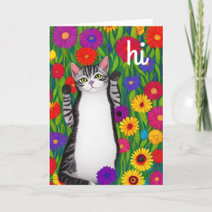 Carte Cute Folk Art Chat disant Hi parmi les fleurs