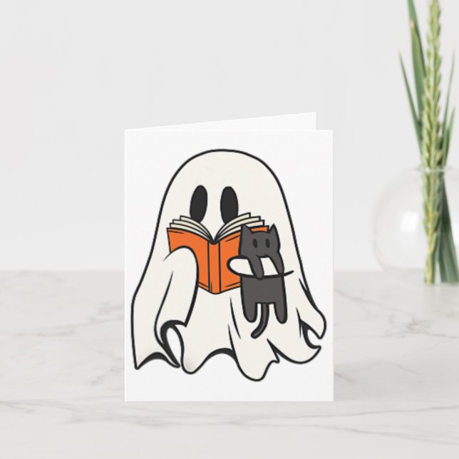Carte Cute Ghost Chat Lecture Livre Saison Éffrayante Ha (Devant)