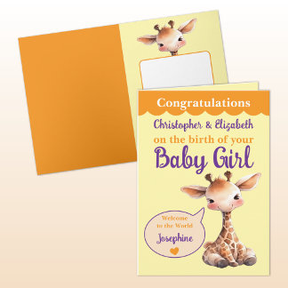 Carte Cute giraffe add names orange purple baby girl