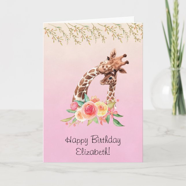 Carte Cute Giraffe Aquarelle Maman et Bébé Anniversaire (Devant)