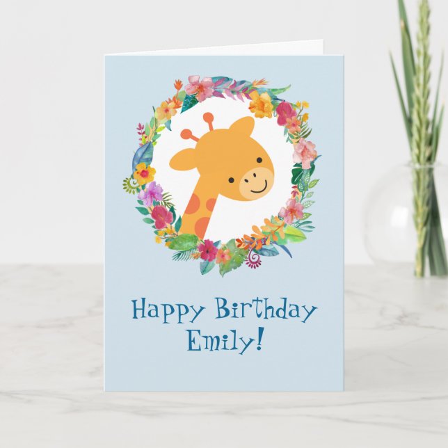 Carte Cute Giraffe avec une couronne de fleurs Anniversa (Devant)