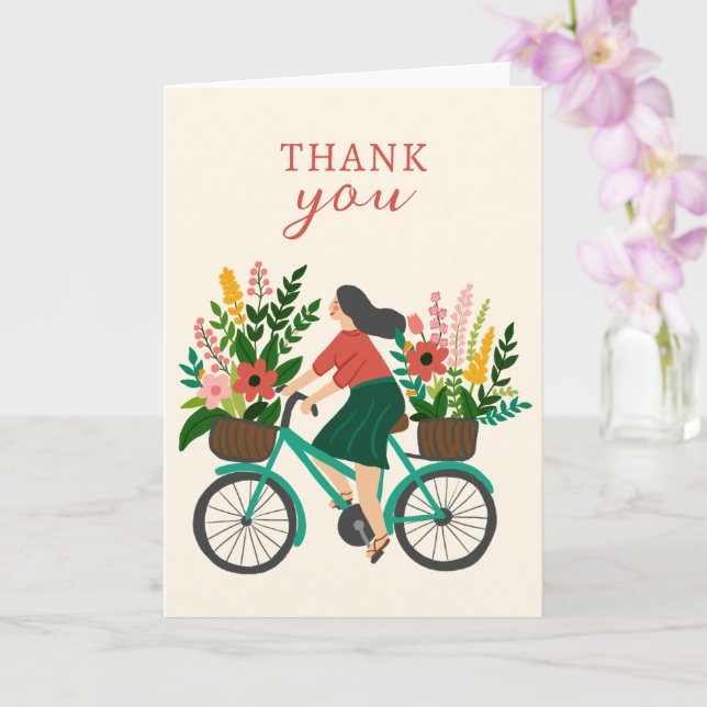Carte Cute Girl équitation Vélo avec Fleurs MERCI (Orchidée)