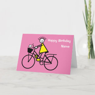 Carte Cute Girl on Bike with Cat Birthday Card