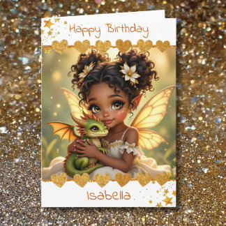 Carte Cute Girl's Fairy and Dragon Themed Birthday